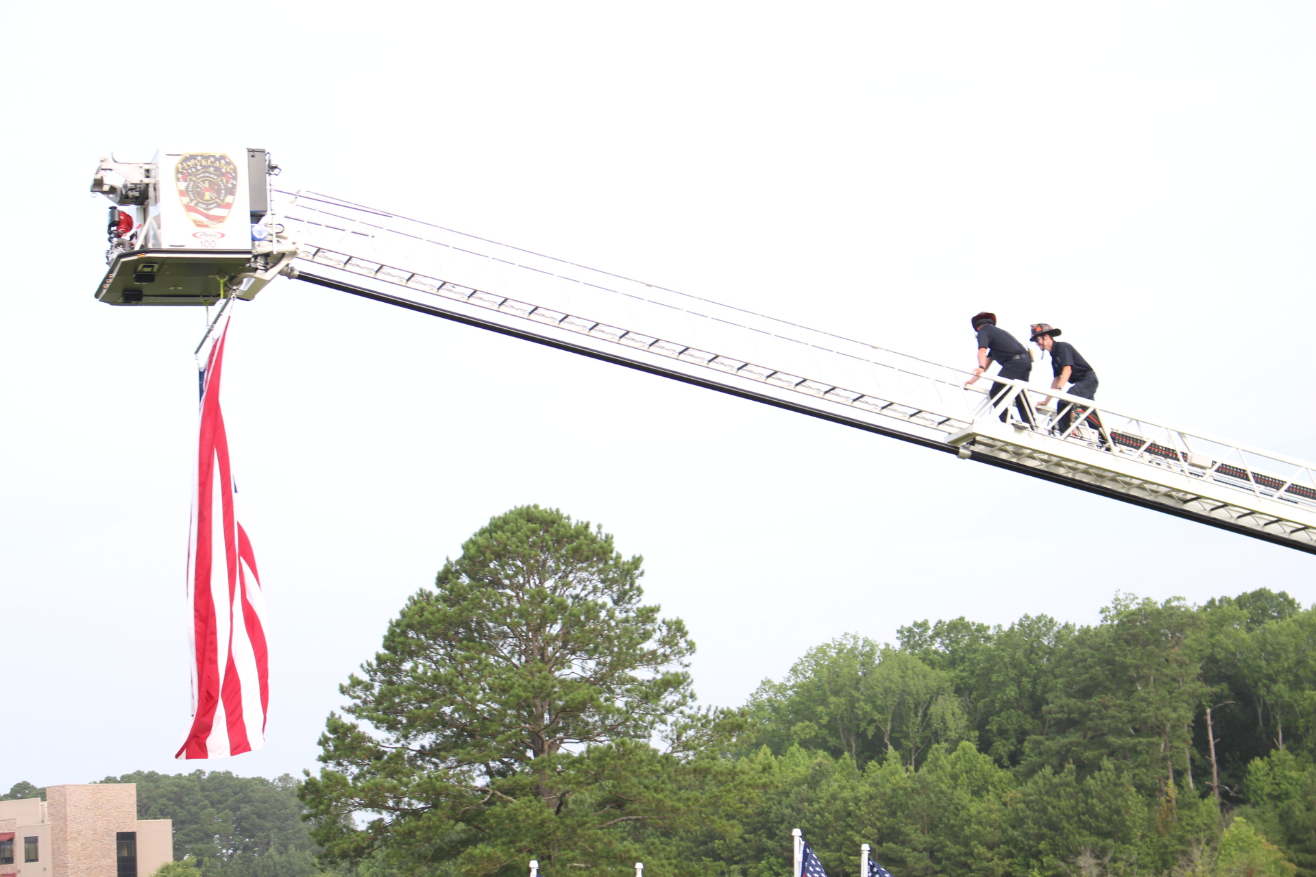 Cleveland Fire Department using their ladder truck to fly a huge flag at Flags For Heroes 2020