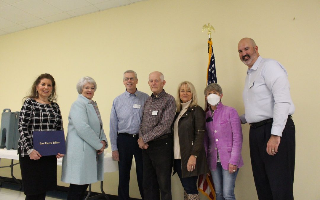 (L) to (R): Donna McDowell White 1st PHF, Ruth Anderson +4, Past President Rick Heilmann+1, Emory Howard +1, President-Elect Dana Wooten, President Tara Abernathy, and Rotary Foundation Chair Mike Mullins.