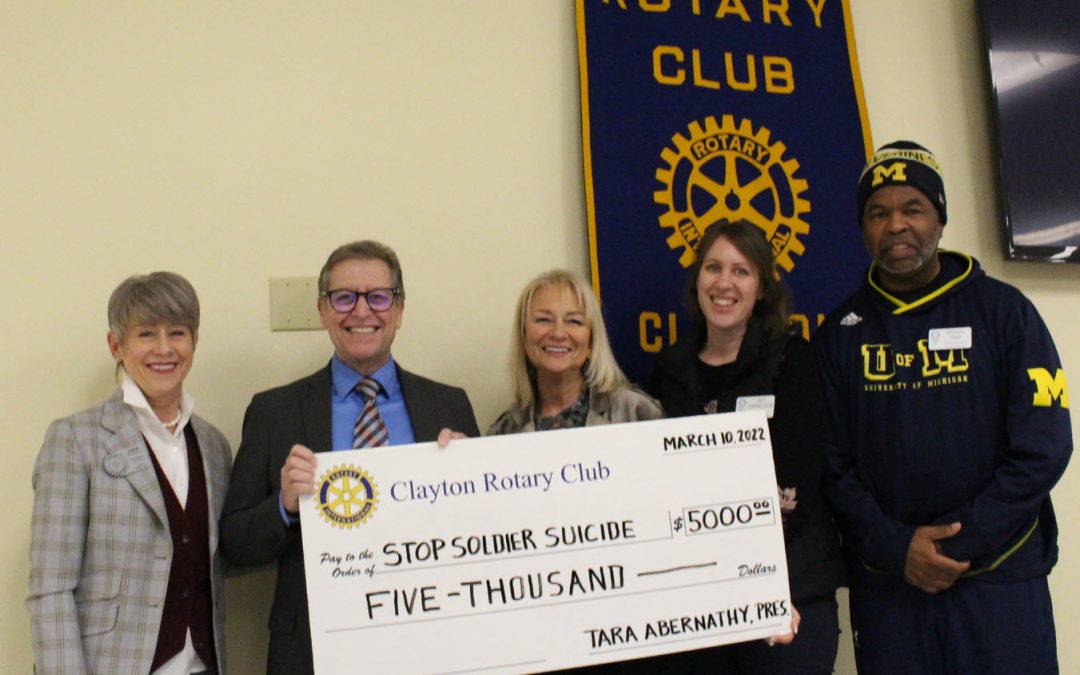 (L) to (R): President Tara Abernathy, Gary Cunha-Suicide Prevention Coordinator U.S. Department of Veterans Affairs accepting our donation on behalf of Stop Soldier Suicide, Pres-Elect Dana Wooten, Club Secretary Joy Garretson, Immediate Past President Mike Sims.