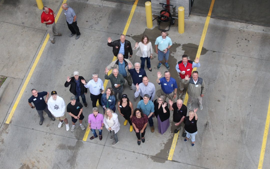 Aerial View from 100 feet inside the basket of the ladder truck, of Clayton Rotary Club members and guests at the Clayton Fire Department Social Day at Station 1